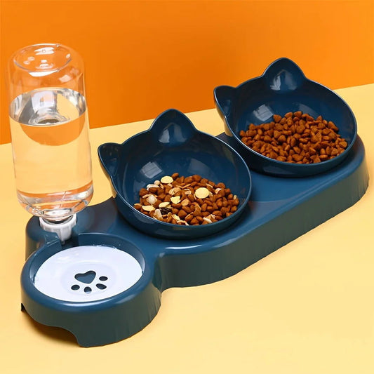 3-in-1 Tilted Cat Bowl Set with Gravity Water Feeder - PETLUXE