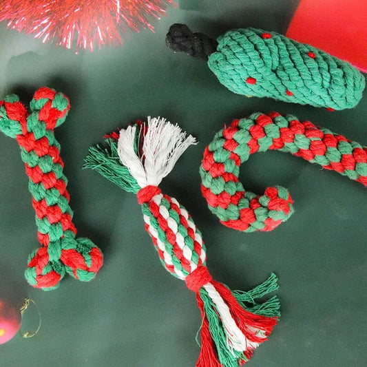 Christmas Dog Chew Toys - Braided Rope Candy Bones for Teeth - PETLUXE